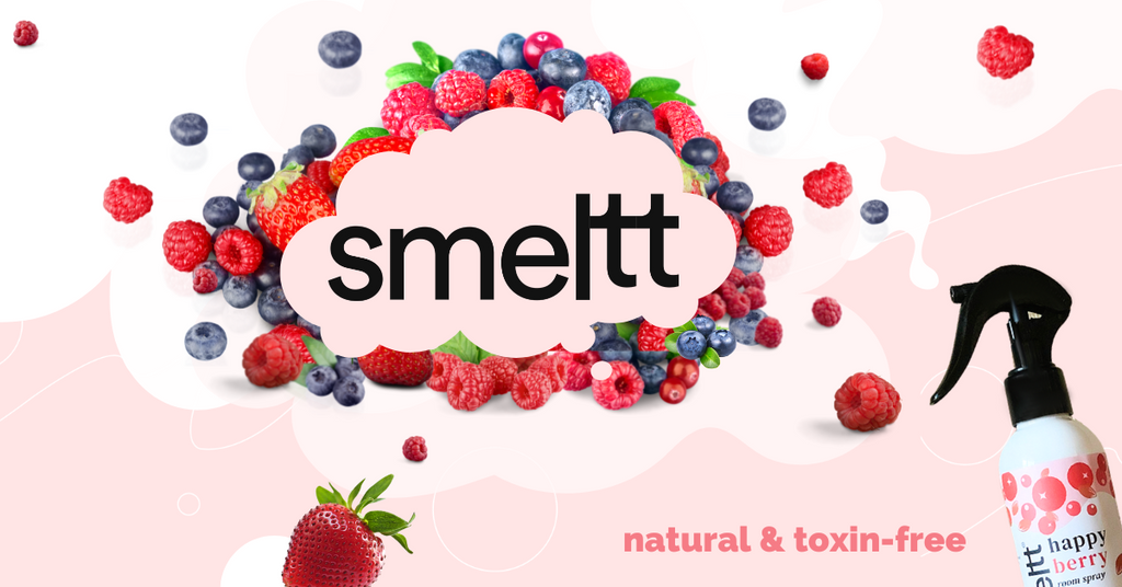 Smeltt Rooms Sprays made with toxin-free and natural ingredients, safe for pets and kids. Available in long lasting fragrances happy berry, stormy sea, peachy rose, warm cinnamon, apple blossom.